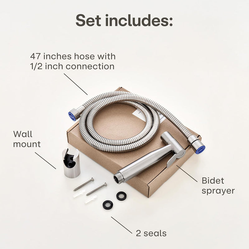 Praknu Handheld Bidet Shower Spray for Toilet in Stainless Steel Sprayer, Hose & Holder - Stainless Steel – for Standard G1/2 Connection – Easy to Install