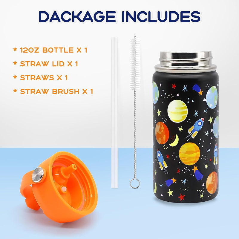Kids Water Bottle 350ml Stainless Steel Hydro Flask Wall Insulated Thermos Bottle with Straw Lid BPA Free Cup Hot Cold Sports Toddler School Boys Girls 12oz (SPORTS, 350ML)