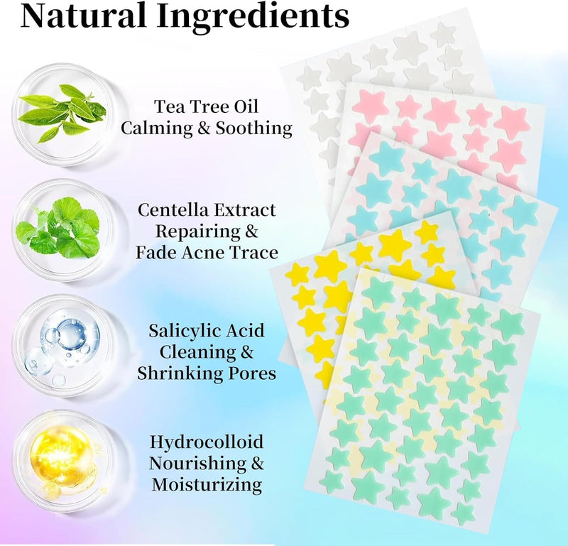 200Pcs Acne Pimple Patches, Hydrocolloid Acne Patch,Pimple Patches for Face, Colorful Star Pimple Spot Sticker with Hyaluronic Acid, for Covering Zits and Blemishes