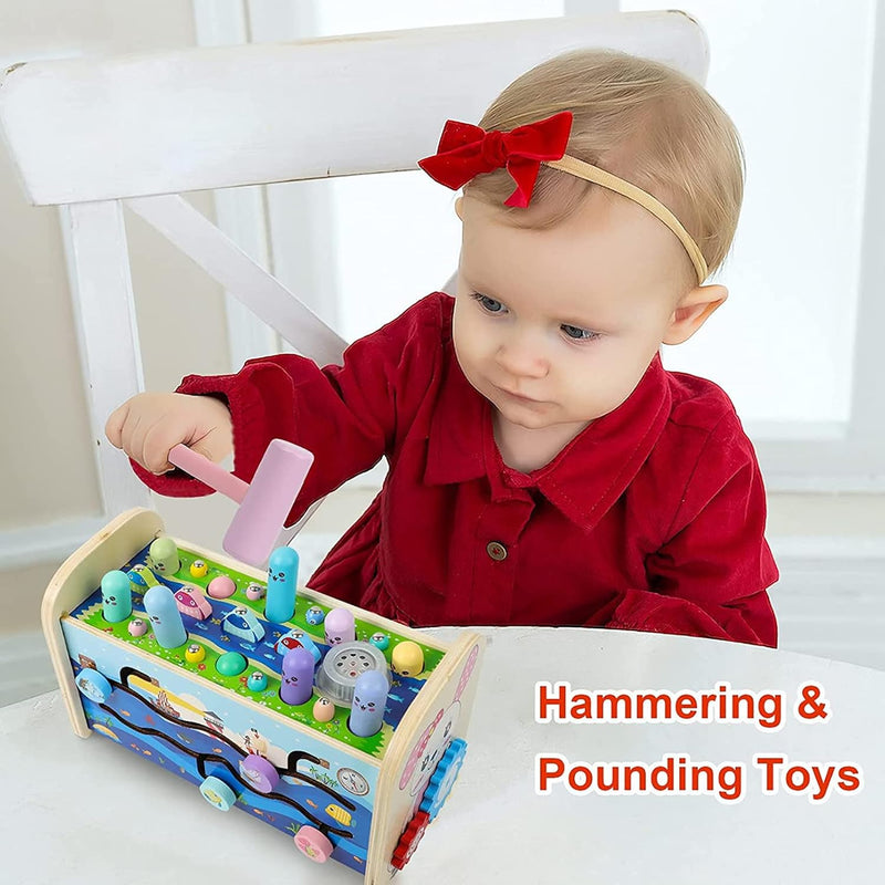 AM ANNA 7 in 1 Hammering Pounding Toys, Wooden Montessori Educational Fishing Game Xylophone Toys for 1 2 3 Year Old, Baby Sensory Developmental Fine Motor Skills Toddler Activities Age 1-4 Gifts