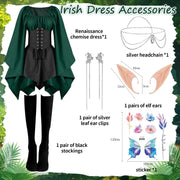 Elf Renaissance Medieval Dress, Fairy Cosplay Set, Traditional Irish Costume, Victorian Flared Sleeve Corset Skirt, Goth Outfit With Ears, Tattoo Stickers, Overknee Socks, Head Rings, Ear Clip