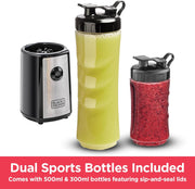 Black & Decker Sports Blender/Smoothie Maker, 300W, 6 Piece with 500ml & 300ml Sports Bottle, 21500 RPM with Turbo Speed, SS Blades to Pulverize Ice & Frozen Fruits, 2 years warranty, SBX300-B5