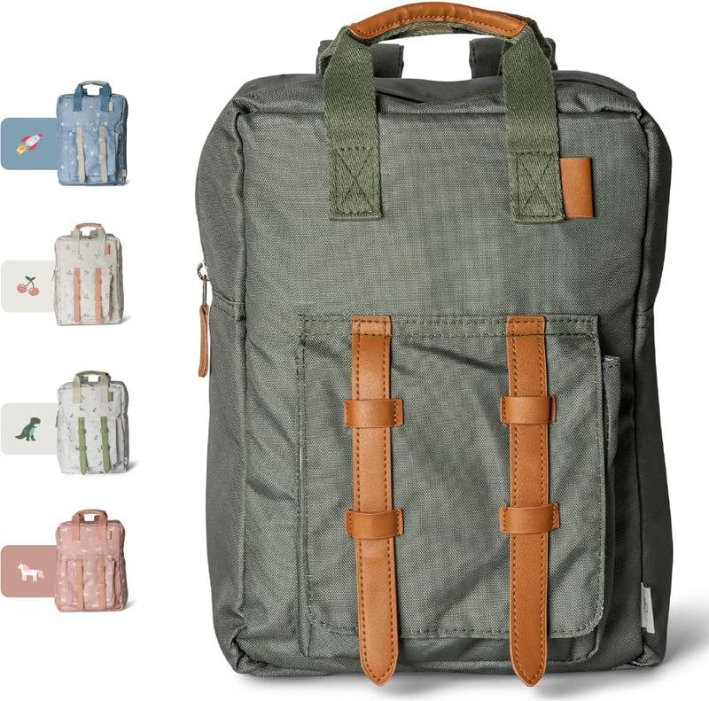 Kids School Backpack 5-8 years, Easy to Carry & Durable, Made of Sustainable Materials, Spacious, Perfect for Nurseries and Travel, Classic Cherry Print - Green Kids Backpack