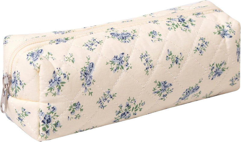 Cute Pencil Case Aesthetic Student Pouch Yellow Bow - Small Blue Flowers