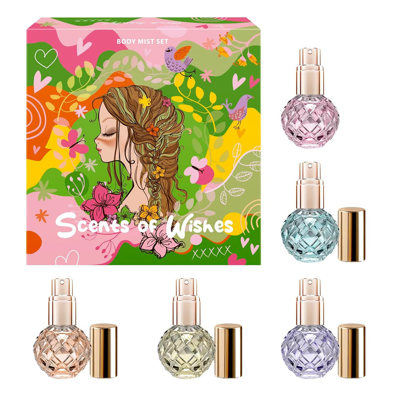 Body Mist Set for Girls Scents of Wishes - 5 Diamond-Shaped Glass Bottles Gold-Toned Finish 5 Exquisite Scents: Berries, Fruits, Citrus, Tropical Vibes,Floral; Fragrance Experience with Premium Design
