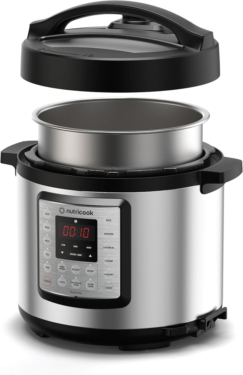 Nutricook Smart Pot Eko, 1000 Watts - 9 In 1 Instant Programmable Electric Pressure Cooker, 6 Liters, 14 Smart Programs, Brushed Stainless Steel/Black, 2 Years Warranty, Silver/Black