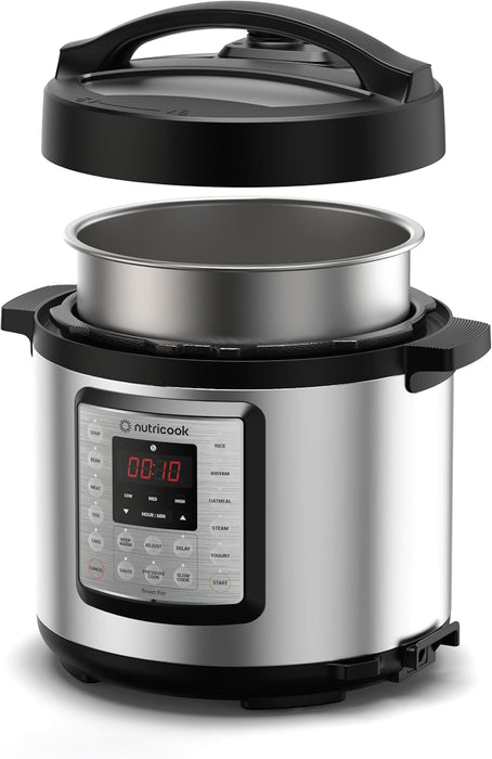 Nutricook Smart Pot Eko, 1000 Watts - 9 In 1 Instant Programmable Electric Pressure Cooker, 6 Liters, 14 Smart Programs, Brushed Stainless Steel/Black, 2 Years Warranty, Silver/Black
