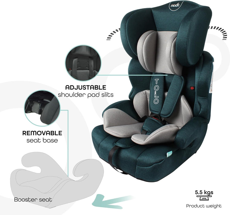 The Moon Brand Tolo Car Seat – Baby Travel Gear for Kids (9m to 11yrs) – ForwardFacing Child Booster Seat w/ Adjustable Headrest – Group 123 Comfort Car Accessories – Green