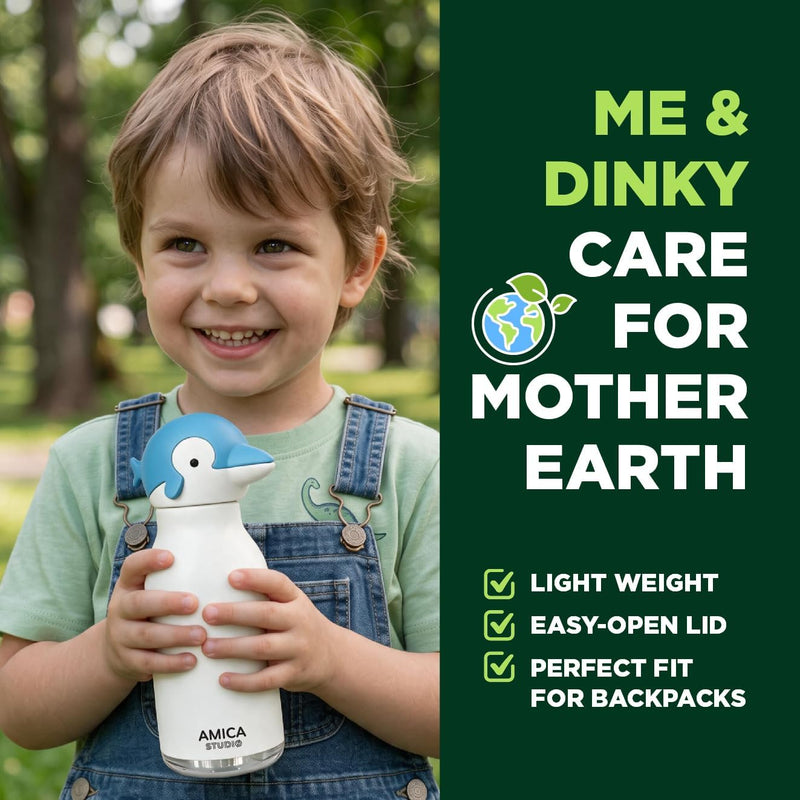 Kids Water Bottle 460ml Insulated Stainless Steel - AMICA STUDIO (Dinky Dolphin)