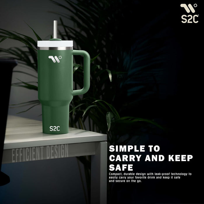 S2C 40oz Stainless Steel Tumbler with Handle & Straw – Double Wall Vacuum Insulated Mug – Leakproof, BPA-Free, Keeps Drinks Hot & Cold – Ideal for Office, Gym, Travel – Fits Car Cup Holder–(Blue)
