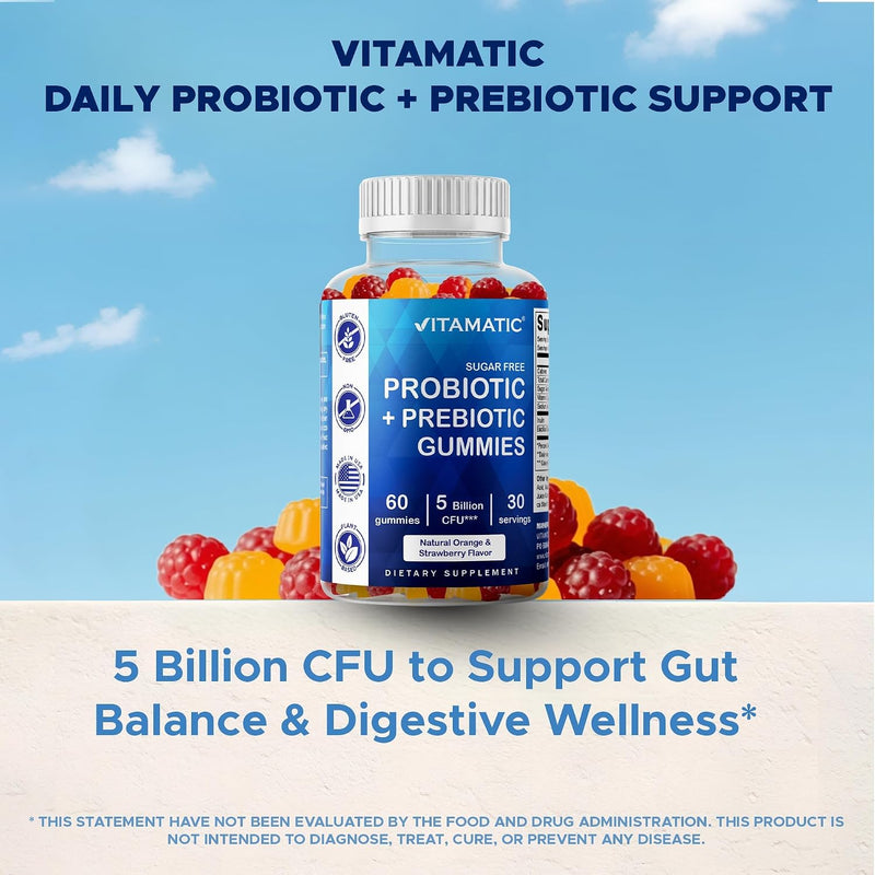 Probiotic + Prebiotic Gummies, 5 Billion CFU Digestive Support, Sugar Free Gut Health Supplement for Adults, Bacillus Coagulans with Inulin Fiber, 60 Gummies
