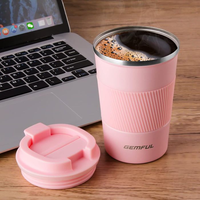 GEMFUL Travel Coffee Mug Stainless Steel Vacuum Ice and Hot Drinks Insulated Tumbler for Home Office Outdoor Works, 380ml, Pink