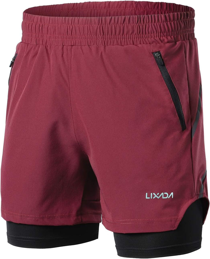 Men 2 in 1 Running Shorts Quick Drying Breathable Active Training Exercise Jogging Marathon Cycling Shorts - Burgundy & Black