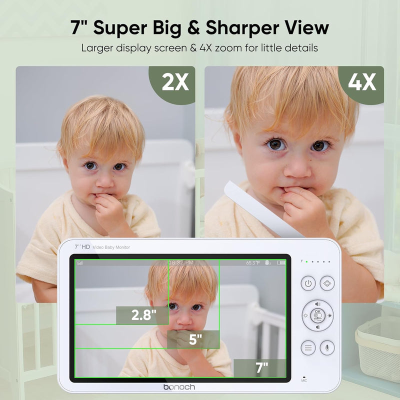 bonoch 7 Inch Baby Monitor with Camera, 720P HD 6000 mAh Battery Video Baby Phone, Night Vision, Double-Sided Audio Function, Remote PTZ, VOX Mode, Temperature Sensor, 8 Lullabies