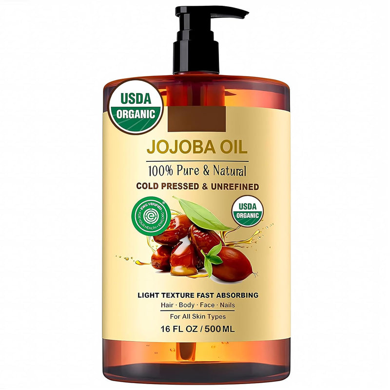 Nigwedete Organic Jojoba Oil (500 ml), USDA Certified, 100% Pure Natural Large Capacity Body Oil for Skin Face and Hair, Deep Moisturizing Anti-Aging Cold Pressed Unrefined for Women
