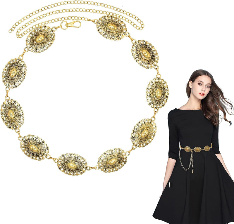 Metal Belt for Women Boho Costume Waist Chain for Ladies Girls Gold Fashion Belt with Adjustable Buckle Western Retro Belt for Dresses Jeans Pants Shirts, One Size