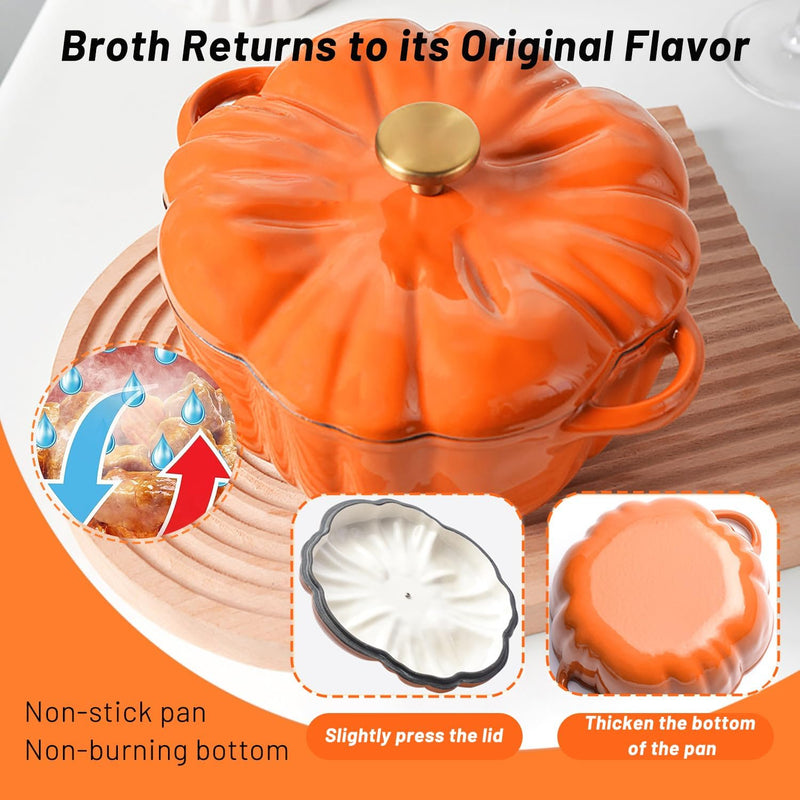 Stockpot with Lid, Enameled Cast Iron Dutch Oven, 1.5L Pot with Lid Two Handles, 16cm Heavy-Duty Cookware for Braising, Stews, Roasting, Bread Baking, Orange pumpkin