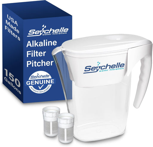 Seychelle pH2O Alkaline Water Filter Pitcher - pH Enhancing Filtration - 200 Gallon Capacity - USA-Made Filter, 64oz