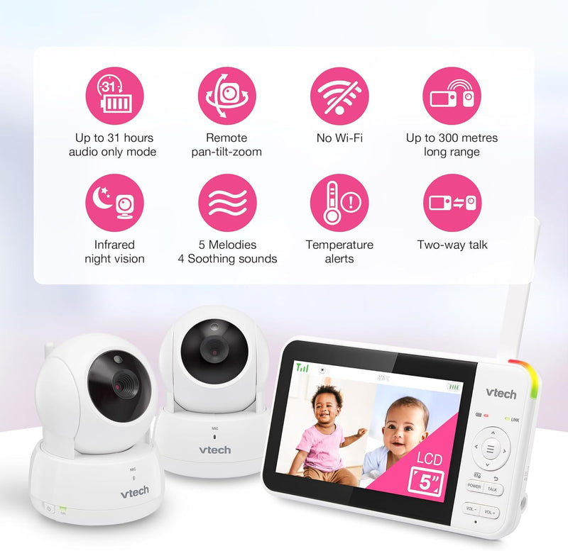 VTech VM924-2 Video Baby Monitor with 2 Cameras, Pan and Tilt, Baby Monitor with 5 Inch LCD Screen, Up to 17 Hours Battery Life, 1.33x Zoom, Night Vision, 300 m Long Range, Calming