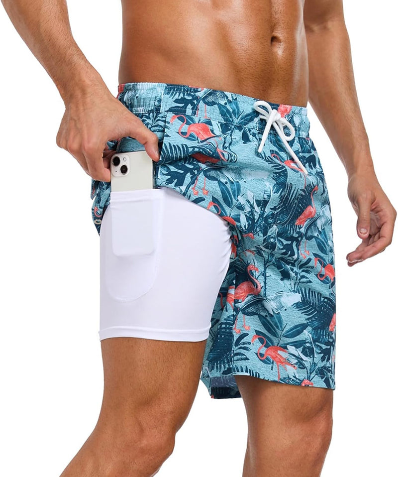 Mens Swim Trunks with Compression Liner 2 in 1 Quick Dry Beach Swimming Trunks Swim Shorts with Zipper Pockets