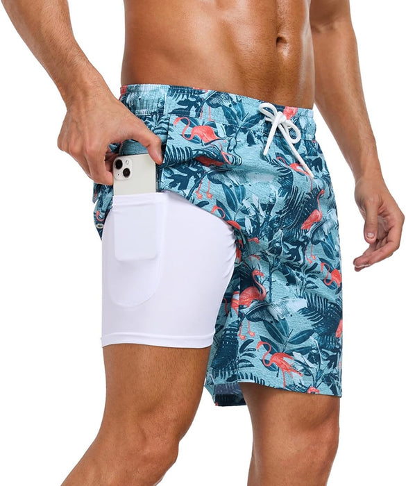 Mens Swim Trunks with Compression Liner 2 in 1 Quick Dry Beach Swimming Trunks Swim Shorts with Zipper Pockets