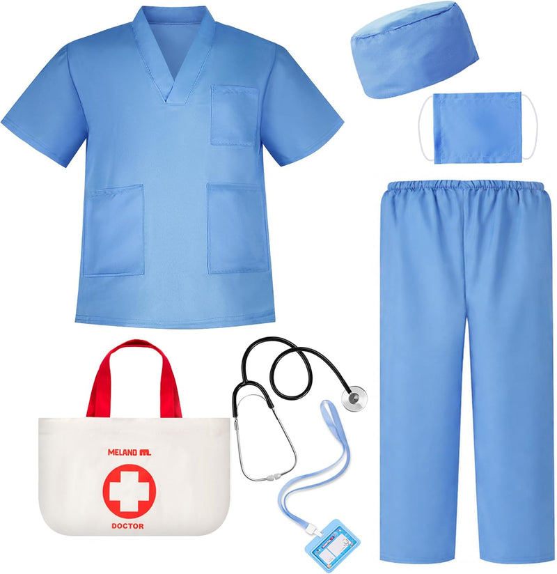 Meland Doctor Costume for Kids 3-10, Pretend Play Career Dress Up with Bag - Blue2