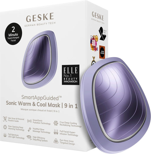 GESKE SmartAppGuided Sonic Warm & Cool Mask 9 in 1 Beauty LED Face Mask Facial Glow Full Spectrum LED Light Best Face Massager Vibrating Mask Warm and Cold Skincare - Lavender