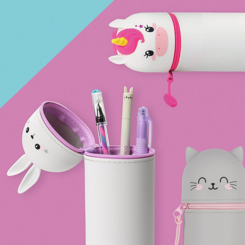 Legami - Pencil Case 2 in 1 Soft Silicone, Kawaii, Table Pen Holder, Zipper Closure, Diameter 6.3 cm, Kitty Theme - Kitty Modern