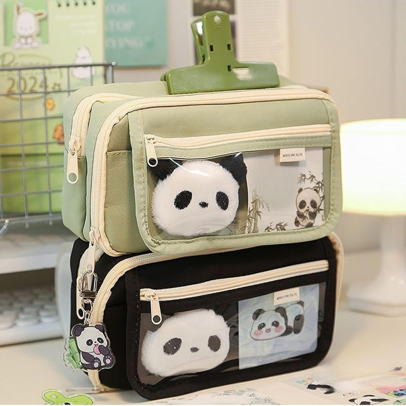 Panda Pencil Case, 10Pcs Cute Panda Pencil Case Large Capacity, Adults Aesthetic Pencil Case, Kawaii Pencil Pouch Cute With Zipper Preppy Pen Bag With Gel Ink Pens, Clips, Stickers, Pin (Black)