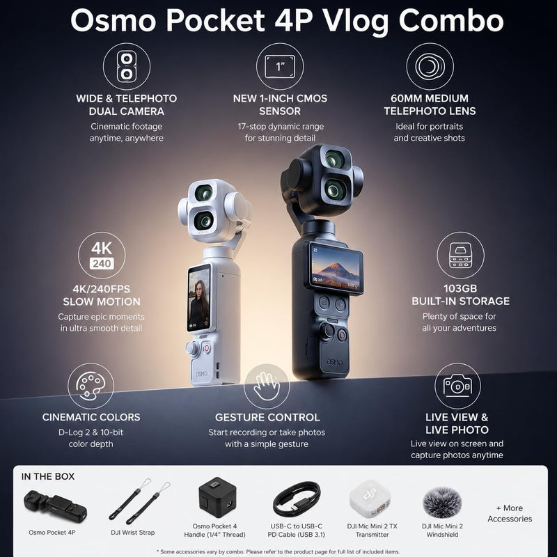 DJI Osmo Pocket 4P Vlog Combo 4K Dual Lens Gimbal Camera, Black