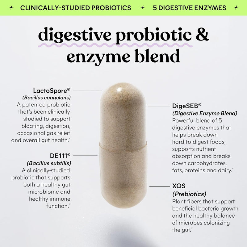 Debloat 3-in-1 Prebiotic, Probiotic & Digestive Enzyme Capsules for Bloating & Gas Relief - 2 Clinically Studied Probiotics w/5 Digestive Enzymes to Improve Digestion, Women & Men, Vegan, 60 ct
