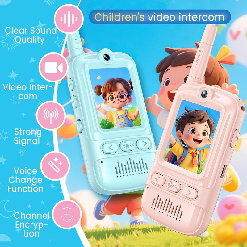 Kids Video Walkie Talkies Toys with Rotating Antenna, 2.0-Inch Screen & 500m Range, Dual-Camera Video Chat Without Wi-Fi, USB-C Rechargeable with Lanyard, Interactive Gift (Blue/Pink)