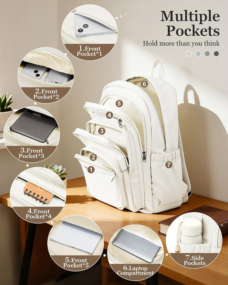 WEPOET Backpack Women Men School Backpack Large with Many Compartments Waterproof Backpack Lightweight for School Backpack Teenager Daypacks Backpack for Boys Girls, A2-beige, Rucksack Backpacks