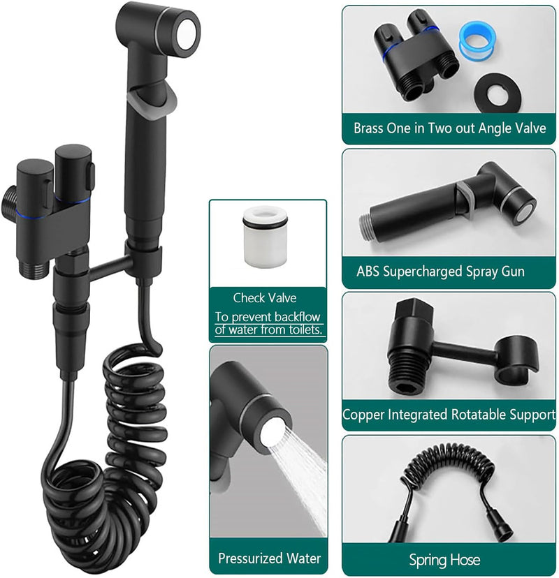 Gloserin Handheld Bidet Sprayer for Toilet,1-In-2-Out Dual Control Valve,Mini Toilet Faucet Sprayer Kit Butt Washer,Hand Shower Bidet Attachment for Washing Machine and Toilet (Black)