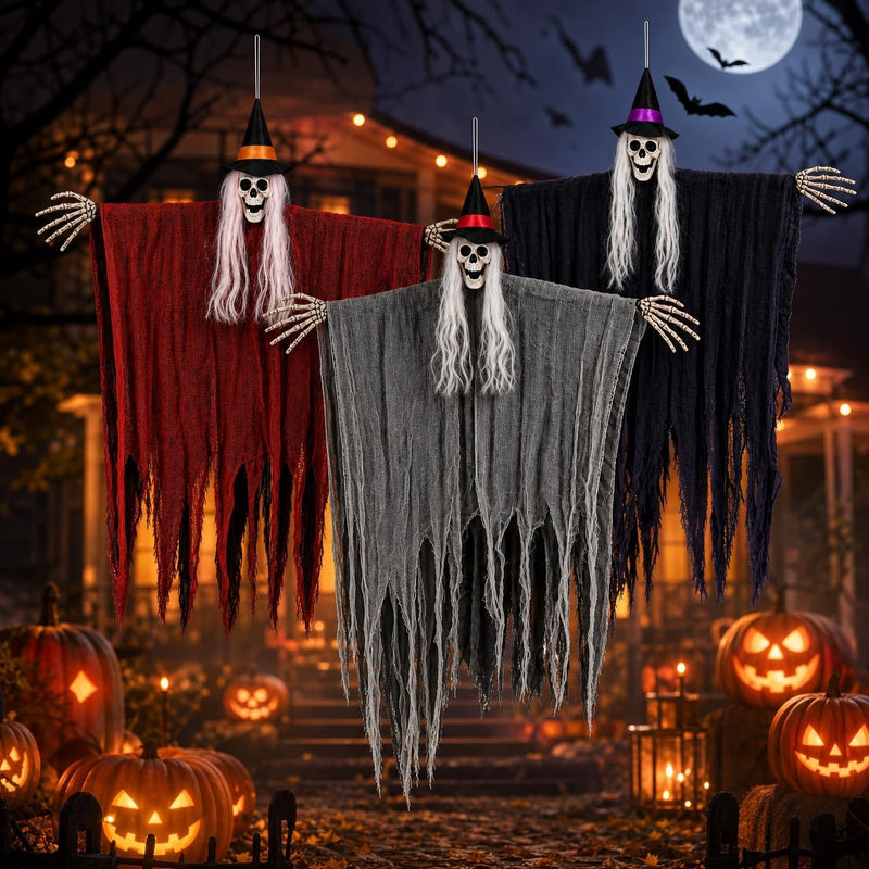 Beauenty 3 Pack Halloween Hanging Skeleton Ghost Decorations, Scary Gauze Ghost with Witch Hat, Creepy Hanging Props for Haunted House, Halloween Party, Indoor Outdoor Yard Decor (C) - C