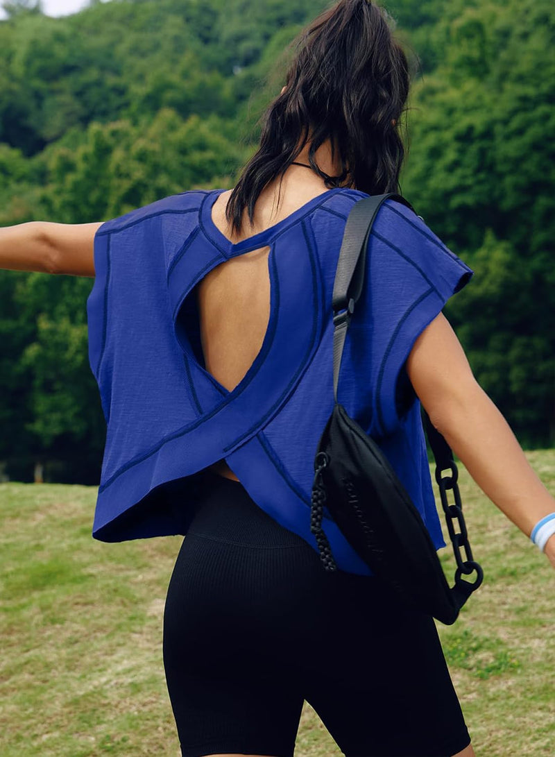 Sthxyfaith Women Short Sleeve Workout Shirts Open Back Tops Casual Yoga Athletic Gym Slouchy Crop Running Tees