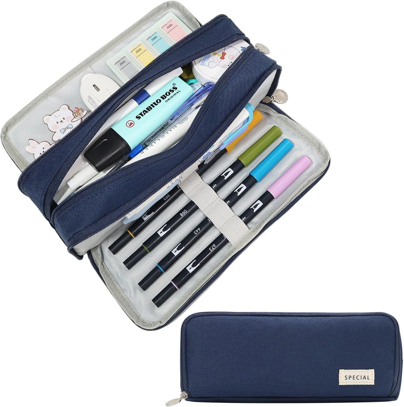 Cicimelon Pencil Case Large Capacity Pouch 3 Compartments Bag Gift For Students Girls Adults Women (Navy)