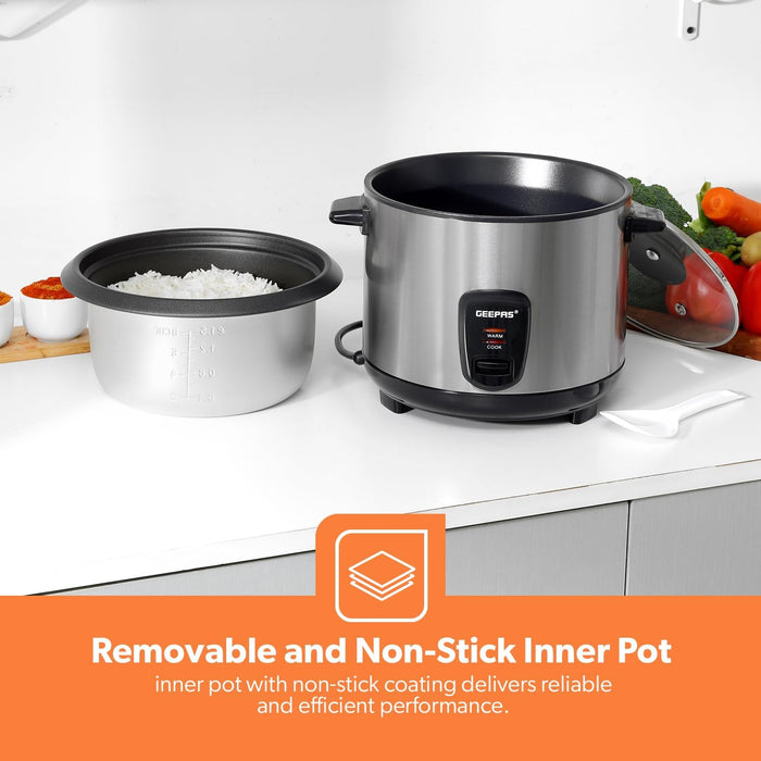 Geepas 1.5 L Multifunctional Rice Cooker- GRC35040| Durable Construction with Cool Touch Handle|Equipped with Tempered Glass Lid, Rice Spoon, Aluminum Outer Steamer and Measuring Cup|2 Years Warranty