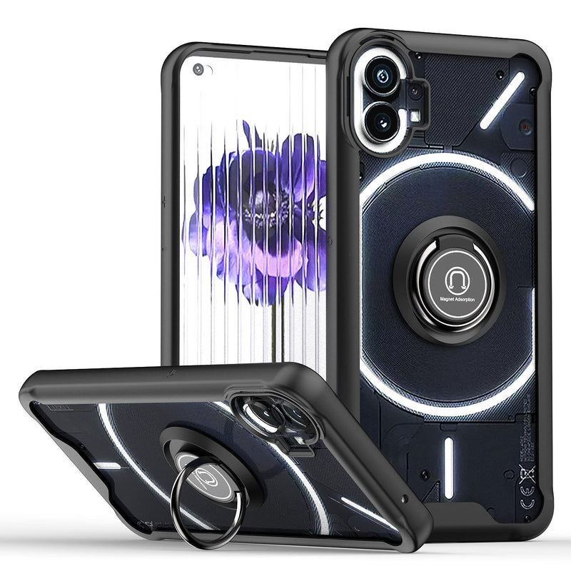 YIMICO Case for Nothing Phone 1 Case Cover Metal Ring Holder Grip Kickstand Car Magnetic Mount Shockproof Matte Hard Back Bumper Case for Nothing Phone 1 (Black)