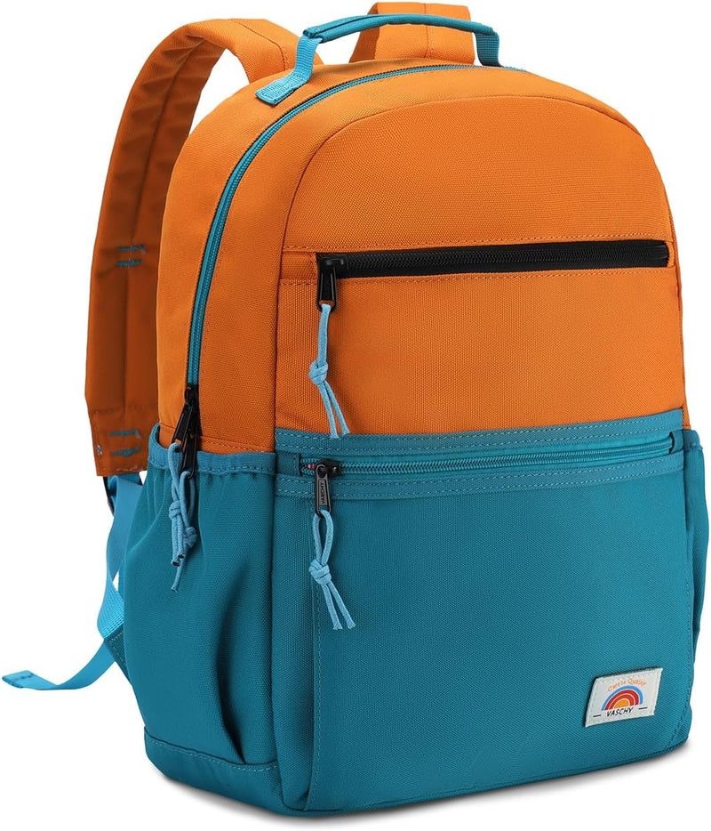 School Bag for Teen,Vaschy Lightweight Water Resistant Kids Toddller Backpack Boys Girls Plain Color-block Kids Bookbag Daypack with Two Sizes - Orange Green-S
