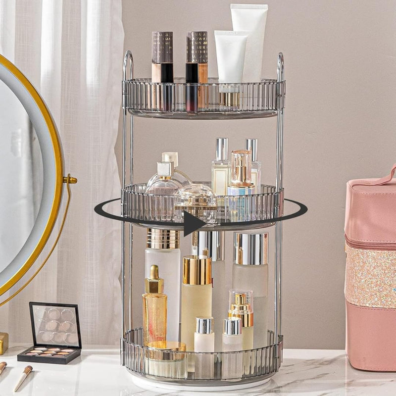 Makeup Organize Rotating,Perfume Organize, 360° Luxury Acrylic Makeup Organizer & Skincare Rack Spinning Lazy Susan 3 Tier,Dressing table to display your perfumes and cosmetics. (White-2)