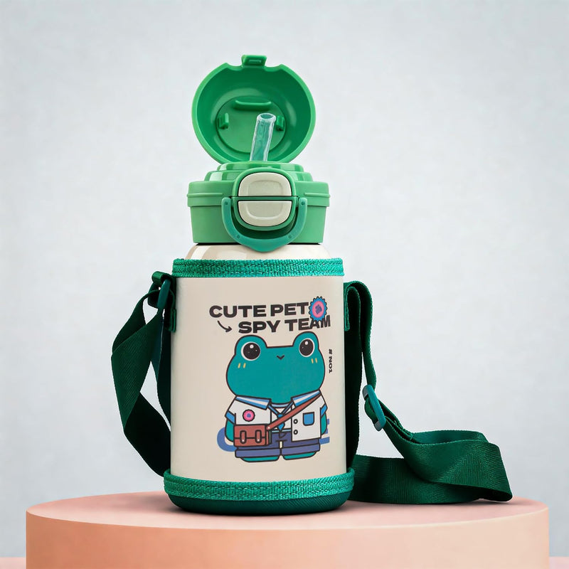 Kids Cartoon Water Bottle 550ml Stainless Steel Vacuum Insulated Sipper with Straw & Lid BPA-Free Eco-Friendly School Flask Back to School Bottle for Boys & Girls (Green) - Green