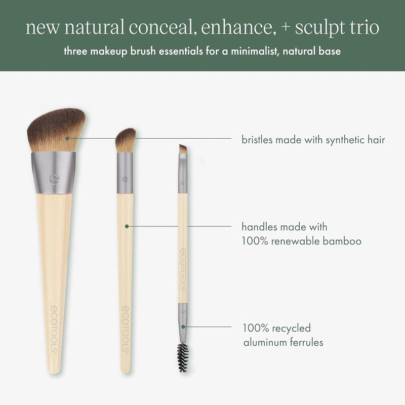 EcoTools New Natural Conceal, Enhance, & Sculpt Trio, Makeup Brushes For Foundation, Concealer, & Brows, Dense, Synthetic Bristles For Sculpting Face, Vegan & Cruelty-Free, 3 Piece Set - Natural Conceal, Enhance, Sculpt Trio