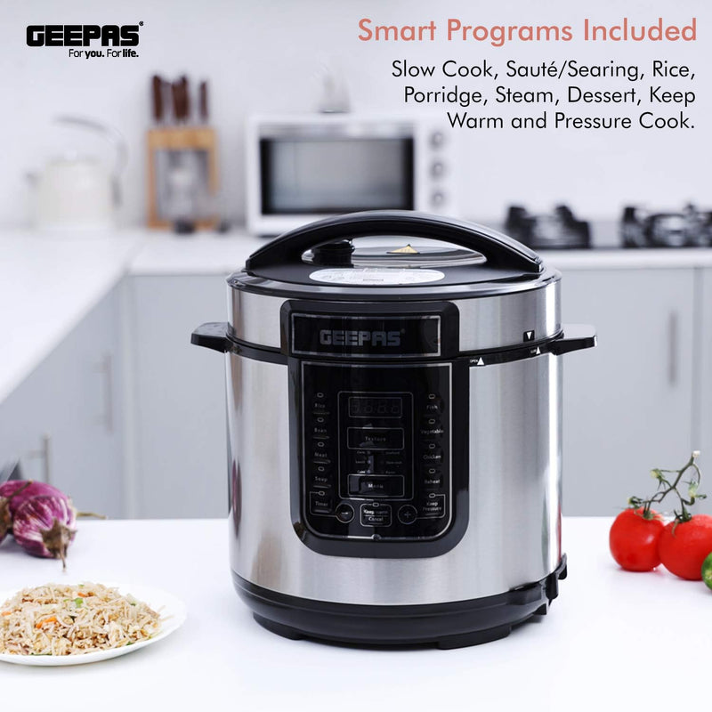 1000W 7-in-1 Electric Pressure Cooker, Steamer 6L Digital Multicooker Stainless Steel/Black 14 Cooking Modes, Automatic Keep Warm & 24 Hours Preset Function 2 Years Warranty