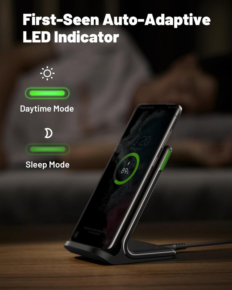 INIU Wireless Charger Stand, 15W Qi Certified Fast Wireless Charging Station with Sleep-Friendly Adaptive Light for iPhone 17 16 15 14 13 12 Pro Max Samsung Galaxy S25 S24 S23 Note 20 Google etc. - 1 Pack