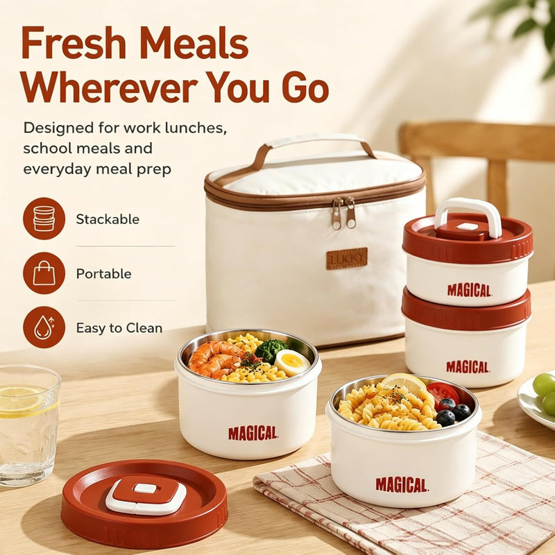 Stainless Steel Round Bento Lunch Box, 4 Pcs Separate Stackable Lunch Containers with Insulated Bag, Microwave Safe, for Adults, Kids, Men & Women