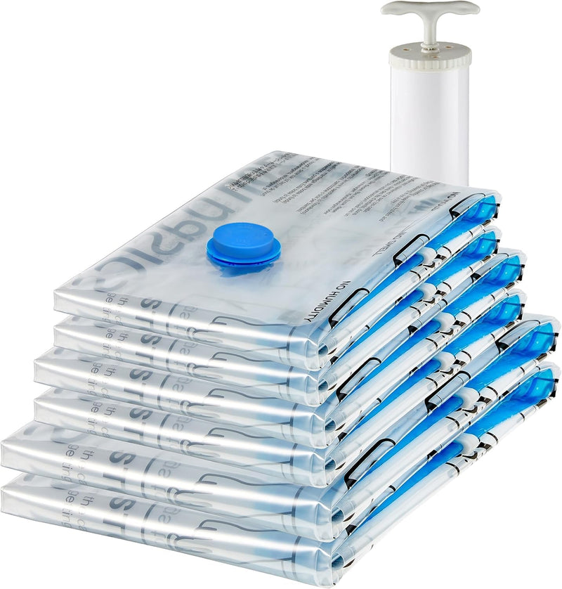 Vacuum Compression Zipper Storage Bags with Airtight Valve and Hand Pump, Large, 5-Pack, Clear - Multiple 6-Pack