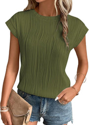 Womens Short Sleeve Summer Tops Crewneck Textured Shirts Basic T Shirt Casual Work Blouses - Armygreen