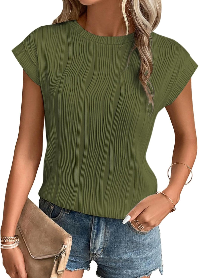 Womens Short Sleeve Summer Tops Crewneck Textured Shirts Basic T Shirt Casual Work Blouses - Armygreen
