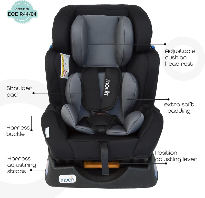 The Moon Brand Sumo Car Seat – Birth to 6yrs Baby Travel Gear – Convertible Rear & ForwardFacing Booster Seat – Reclining Car Seat for Group 012 – Child Comfort Car Accessories – Light Grey